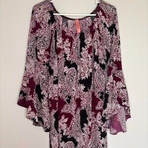 HONEY ME CURVY Bell Sleeve Tunic Dress Womens XXXL Red Black Paisley Flowy